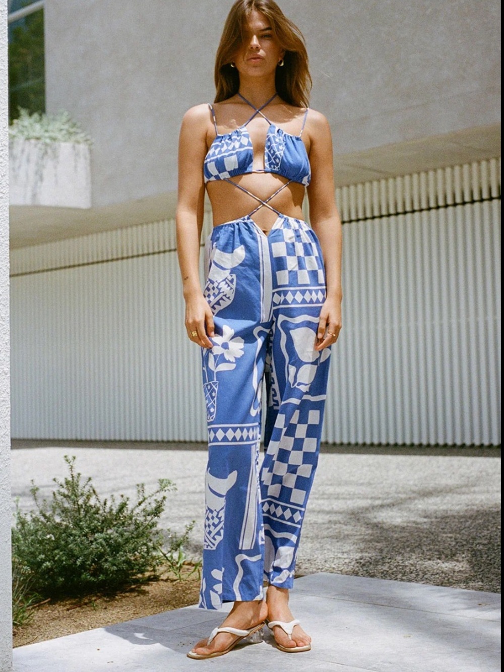 SABO SKIRT Backless Brighton Blue Printed Jumpsuit